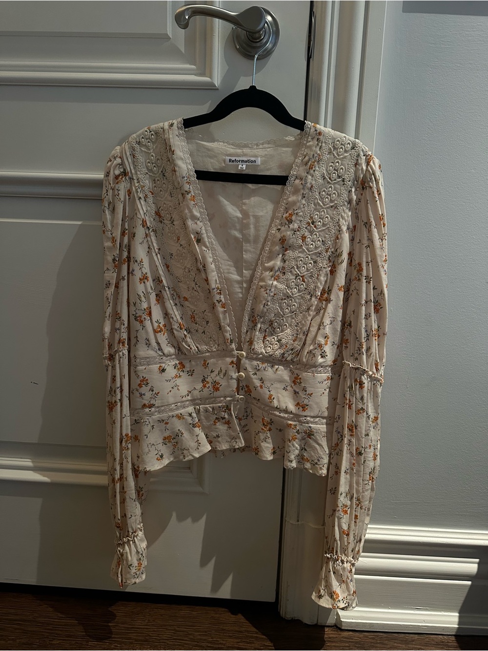 Reformation Cream Floral Lace-Trim V-Neck Peplum Blouse